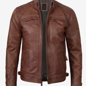 Men's Cognac Biker Style Leather Jacket with Quilted Shoulders