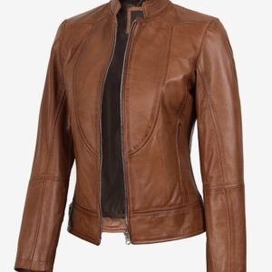 Women's Tan Waxed Slim Fit Biker Style Leather Jacket