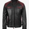 Men's Black and Maroon Biker Style Leather Jacket - Quilted Shoulder