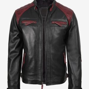 Men's Black and Maroon Biker Style Leather Jacket - Quilted Shoulder