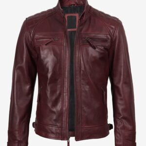 Mens Leather bright red Biker Style Jacket - Quilted Shoulder