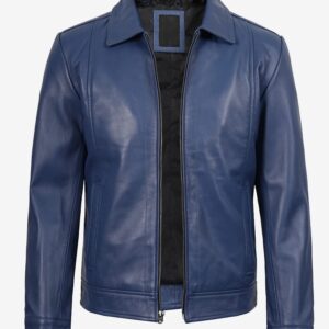 Men's Classic Blue Leather Jacket with Shirt Collar