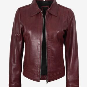 Womens Shirt Collar Bright red Leather Jacket