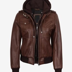 Womens Leather Cognac Bomber Jacket - Removable Hood